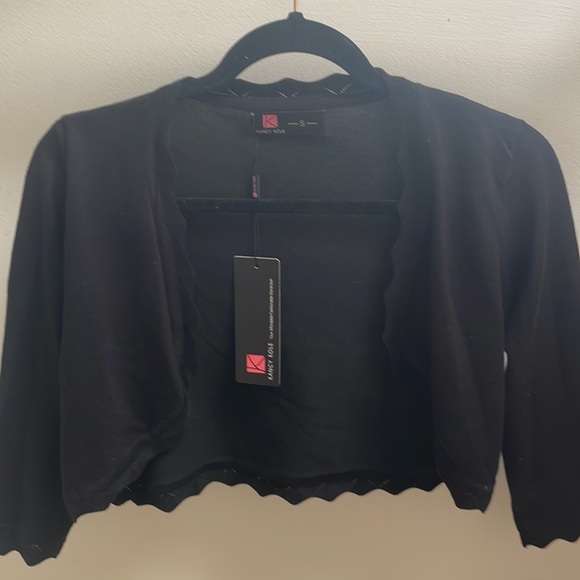 Kancy Kole Shrug Cardigan Sweater Size S black open front 3/4 sleeve scalloped - Picture 6 of 6